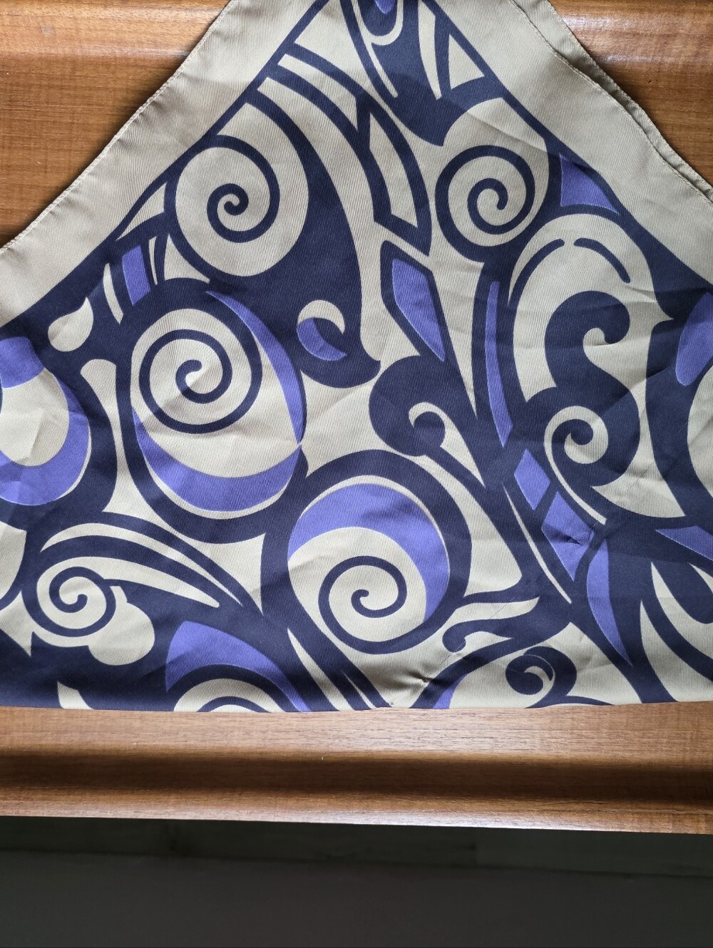 100% Silk Scarf, Abstract Swirl Illustrated Bandana, Purple & Black, With Tan.